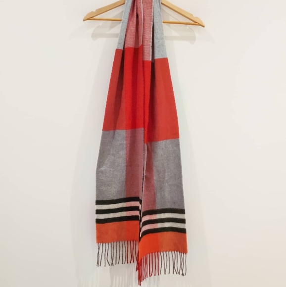 Burberry Style Genuine Wool Red/Orange/Grey Plaid Scarf - Picture 2 of 3